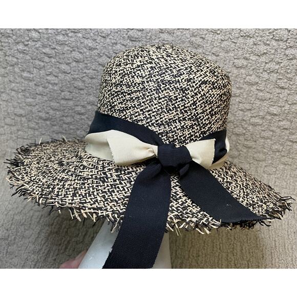 Brenda Lynn Black Beige Wide Brim Straw Hat OS Ribbon Trim Fringe main image 4